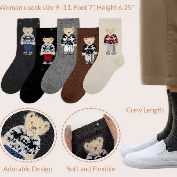 Women's Bear Pattern Casual Socks Multi-Color Set of 5 Wrapables Sweater Winter - Picture 7 of 9